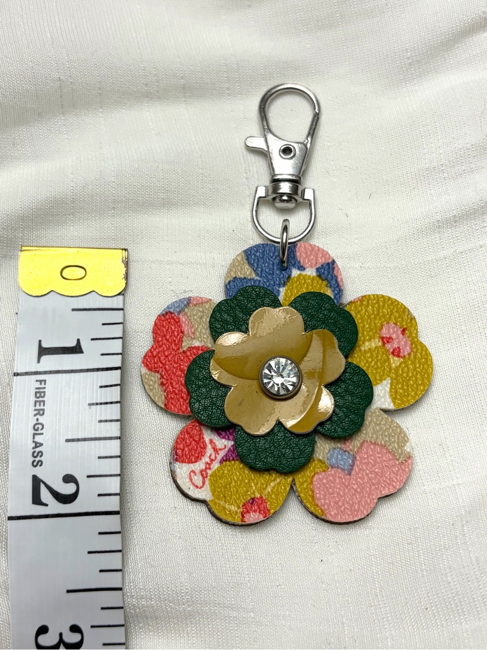 Upcycled COACH Multicolor Floral Leather Key & Card Holder Charm with Crystal - Picture 3 of 5